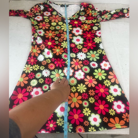 For Grand PL Black Red Floral Long sleeve V Neck Dress Slinky Hippie Boho Medium - Picture 8 of 10